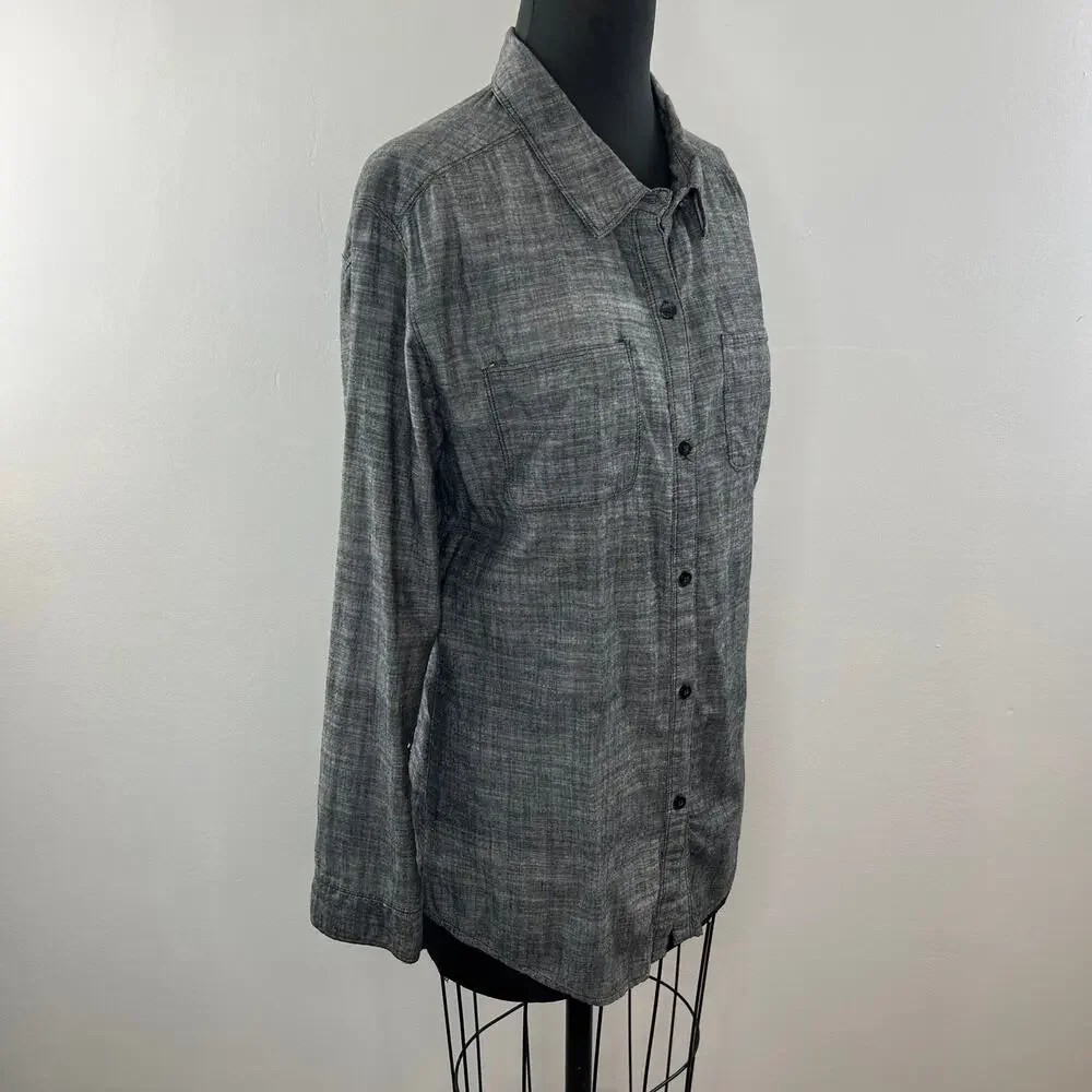 FREE PEOPLE Gray Cotton Long Sleeve Button Down Laser Cut Back Blouse Size L